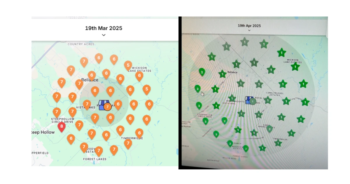 Local roofing heatmap before and after SEO — orange rankings turning green in 30 days