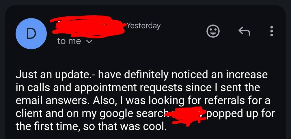 Client email confirming increase in calls and appointment requests
